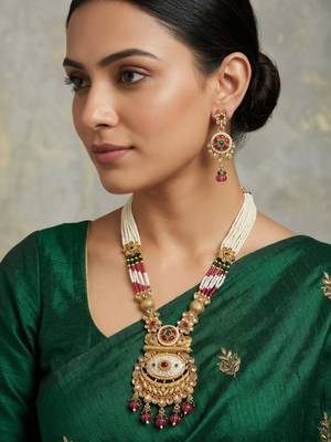 Women gold-plated antique temple long necklace & earrings set 1