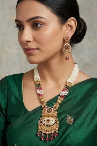 Women gold-plated antique temple long necklace & earrings set