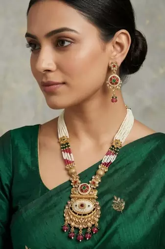 Women gold-plated antique temple long necklace & earrings set