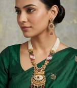Women gold-plated antique temple long necklace & earrings set