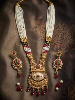 Women gold-plated antique temple long necklace & earrings set 4