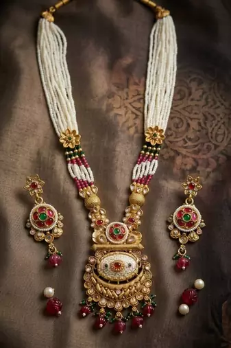 Women gold-plated antique temple long necklace & earrings set