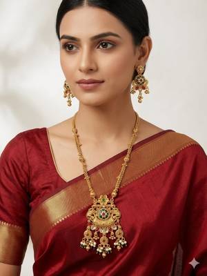 Women gold-plated antique temple long necklace & earrings set 1