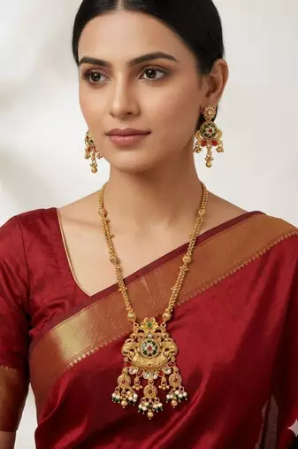 Women gold-plated antique temple long necklace & earrings set