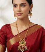 Women gold-plated antique temple long necklace & earrings set