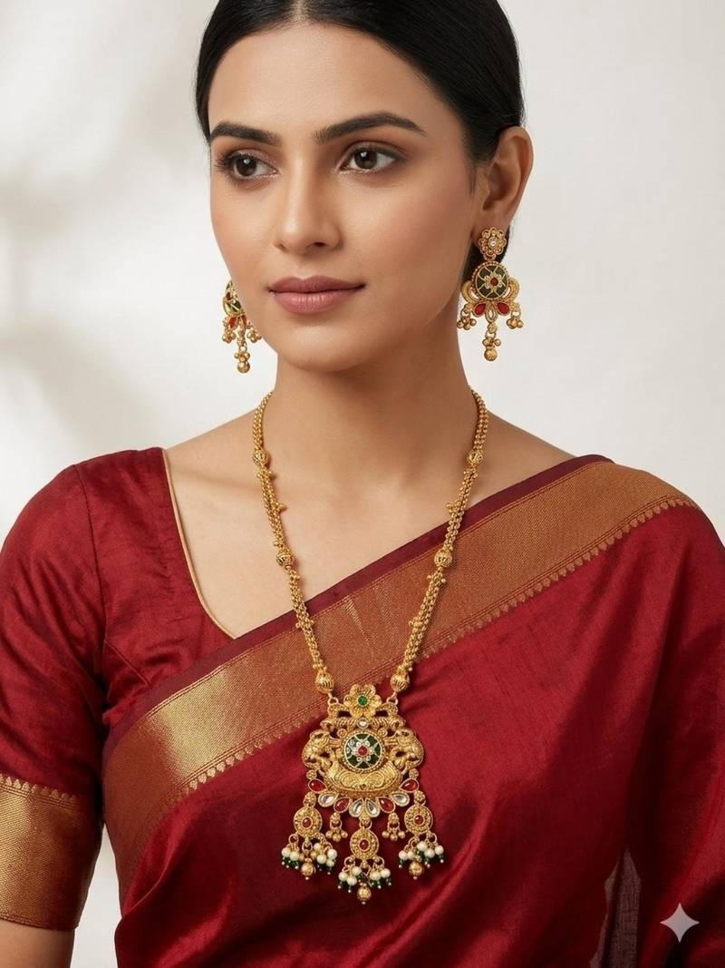 Women gold-plated antique temple long necklace & earrings set