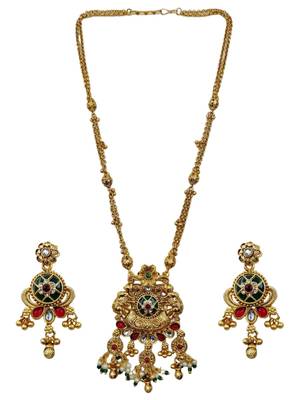 Women gold-plated antique temple long necklace & earrings set 2