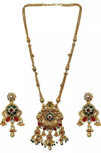Women gold-plated antique temple long necklace & earrings set