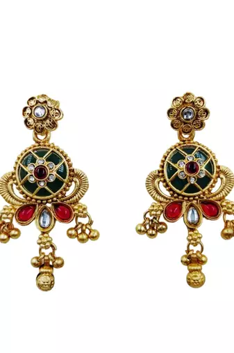 Women gold-plated antique temple long necklace & earrings set
