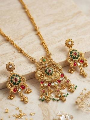 Women gold-plated antique temple long necklace & earrings set 4