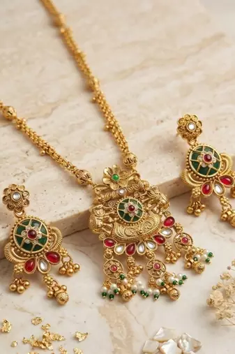 Women gold-plated antique temple long necklace & earrings set