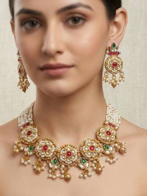 Women gold-plated kundan & multi-strand pearl jewellery set 1