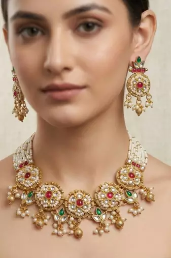 Women gold-plated kundan & multi-strand pearl jewellery set
