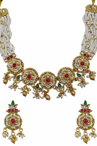 Women gold-plated kundan & multi-strand pearl jewellery set