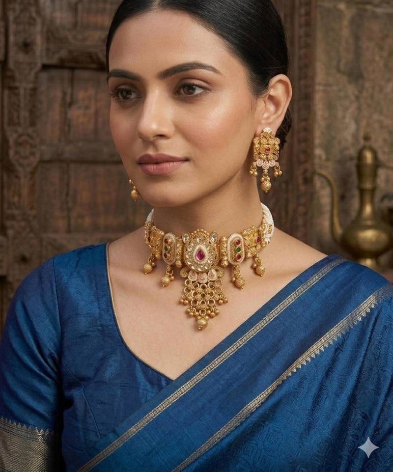 Traditional kundan meenakari choker jewelry set for women