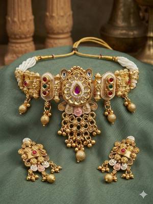 Traditional kundan meenakari choker jewelry set for women 4
