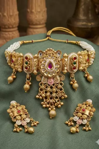 Traditional kundan meenakari choker jewelry set for women