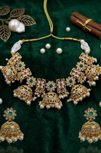 Traditional gold-plated kundan & meenakari choker jewellery set for women