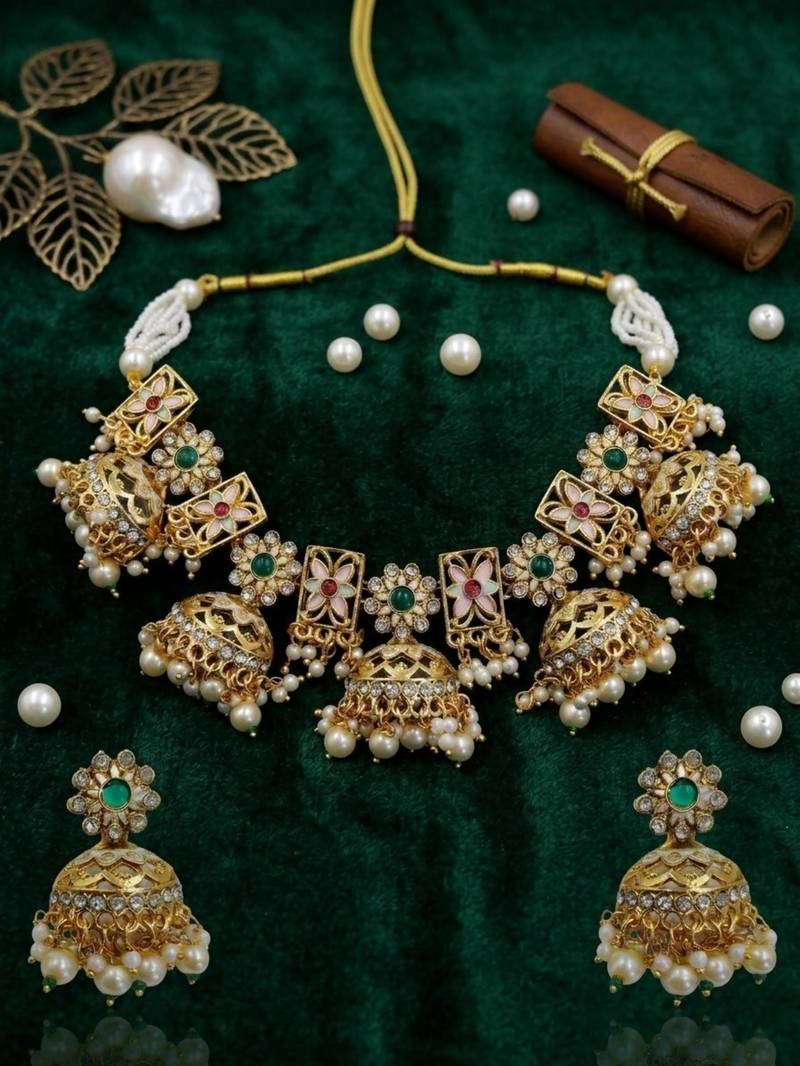 Traditional gold-plated kundan & meenakari choker jewellery set for women