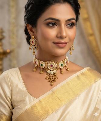 Traditional gold plated choker necklace set with earrings for women 1