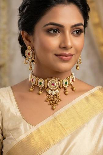 Traditional gold plated choker necklace set with earrings for women