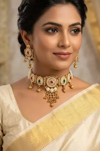 Traditional gold plated choker necklace set with earrings for women