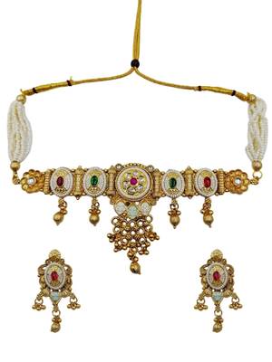 Traditional gold plated choker necklace set with earrings for women 2
