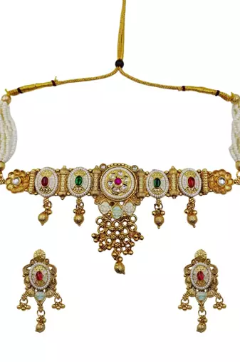 Traditional gold plated choker necklace set with earrings for women