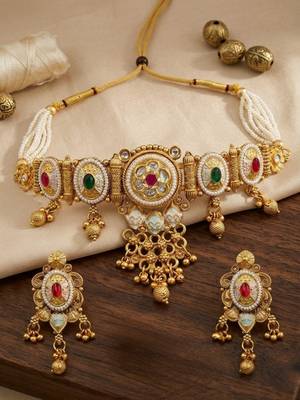 Traditional gold plated choker necklace set with earrings for women 4