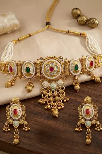 Traditional gold plated choker necklace set with earrings for women
