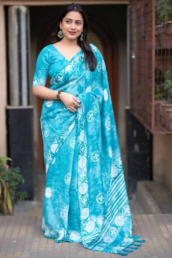 Turquoise chanderi batik printed saree