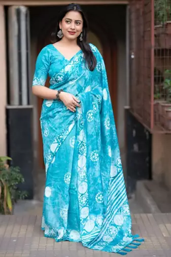 Turquoise chanderi batik printed saree