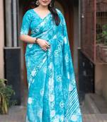 Turquoise chanderi batik printed saree