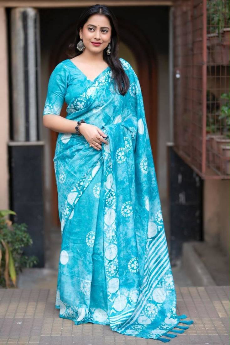 Turquoise chanderi batik printed saree