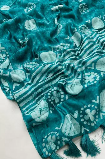 Turquoise chanderi batik printed saree