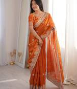 Orange silk blend zari work embroidered saree