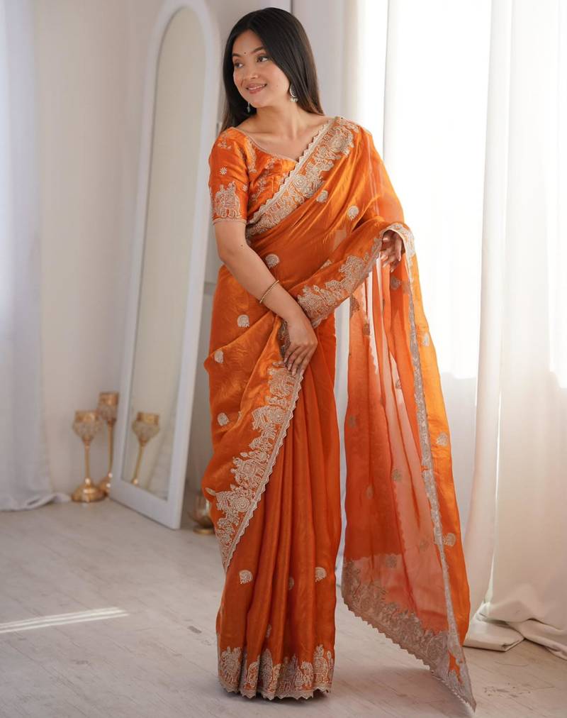 Orange silk blend zari work embroidered saree