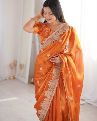 Orange silk blend zari work embroidered saree 2