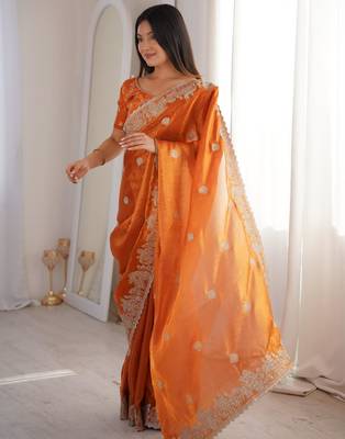 Orange silk blend zari work embroidered saree 3