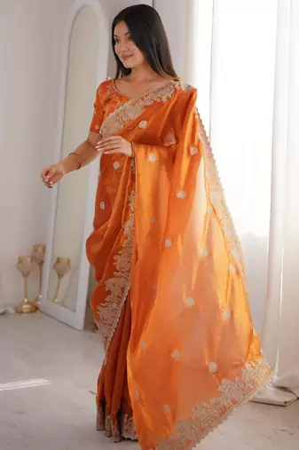 Orange silk blend zari work embroidered saree
