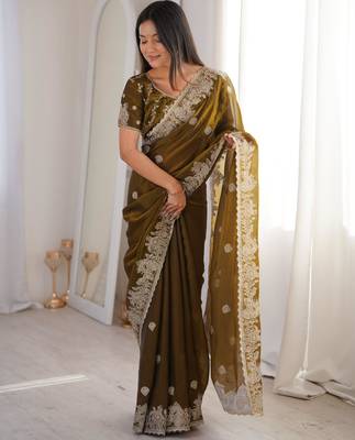 Olive silk blend zari work embroidered saree 1