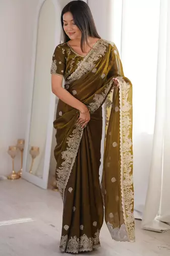 Olive silk blend zari work embroidered saree
