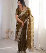 Olive silk blend zari work embroidered saree