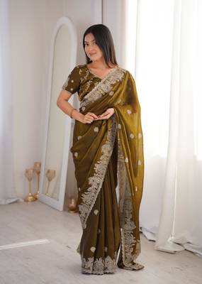 Olive silk blend zari work embroidered saree 2