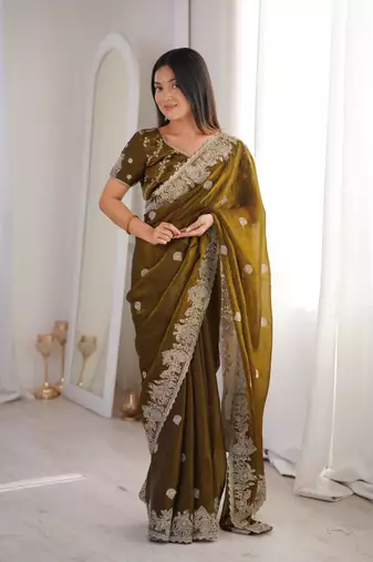Olive silk blend zari work embroidered saree