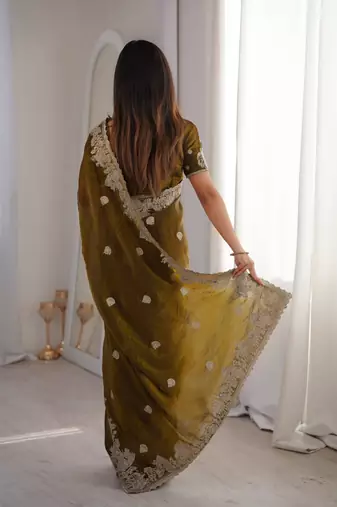 Olive silk blend zari work embroidered saree