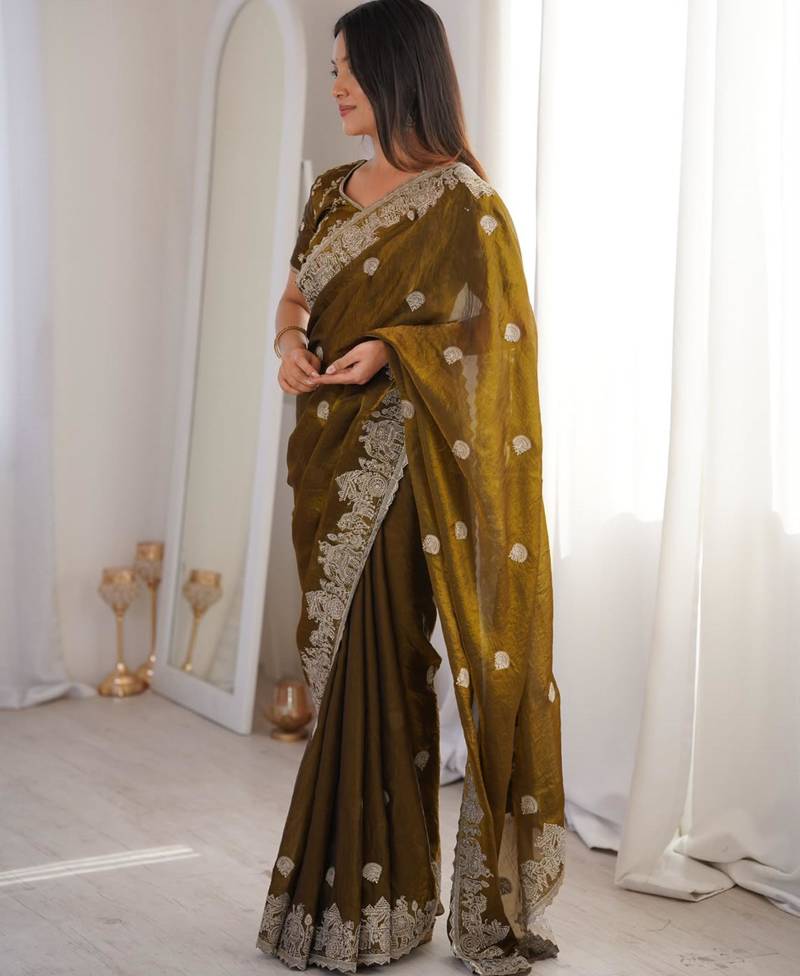 Olive silk blend zari work embroidered saree
