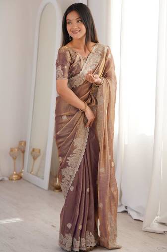 Mauve silk blend zari work embroidered saree