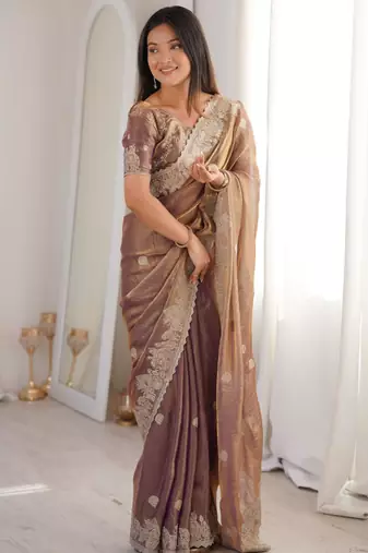 Mauve silk blend zari work embroidered saree