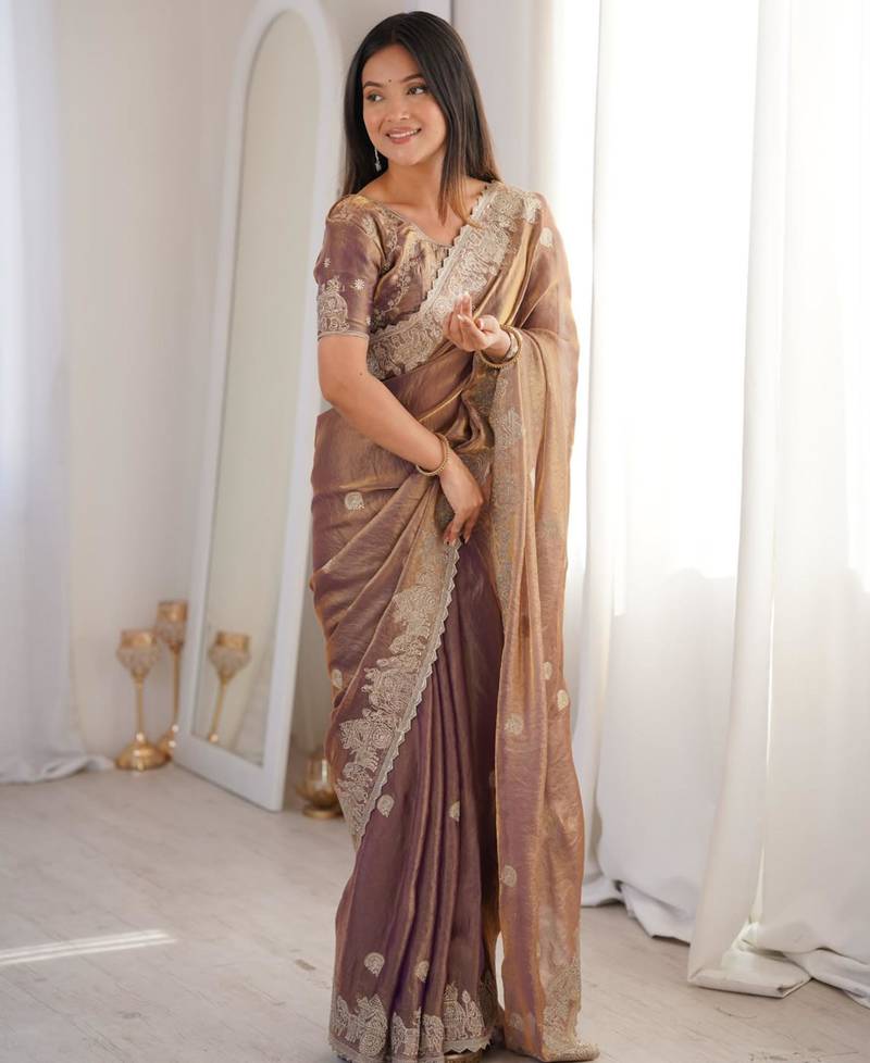 Mauve silk blend zari work embroidered saree